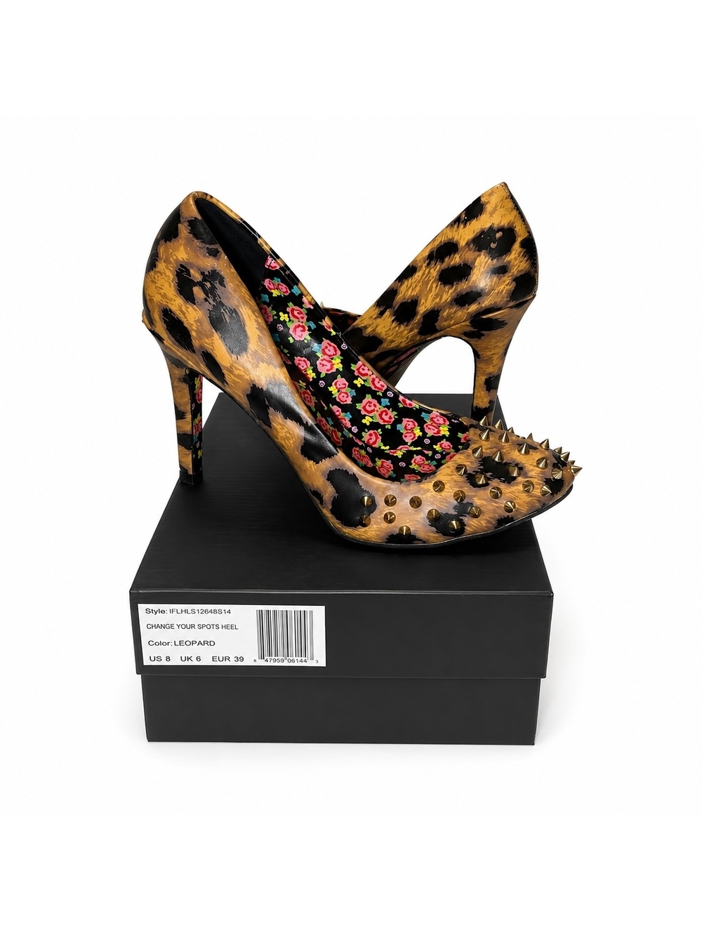 Iron Fist Change Your Spots Leopard Studded Heels Floral Size 8